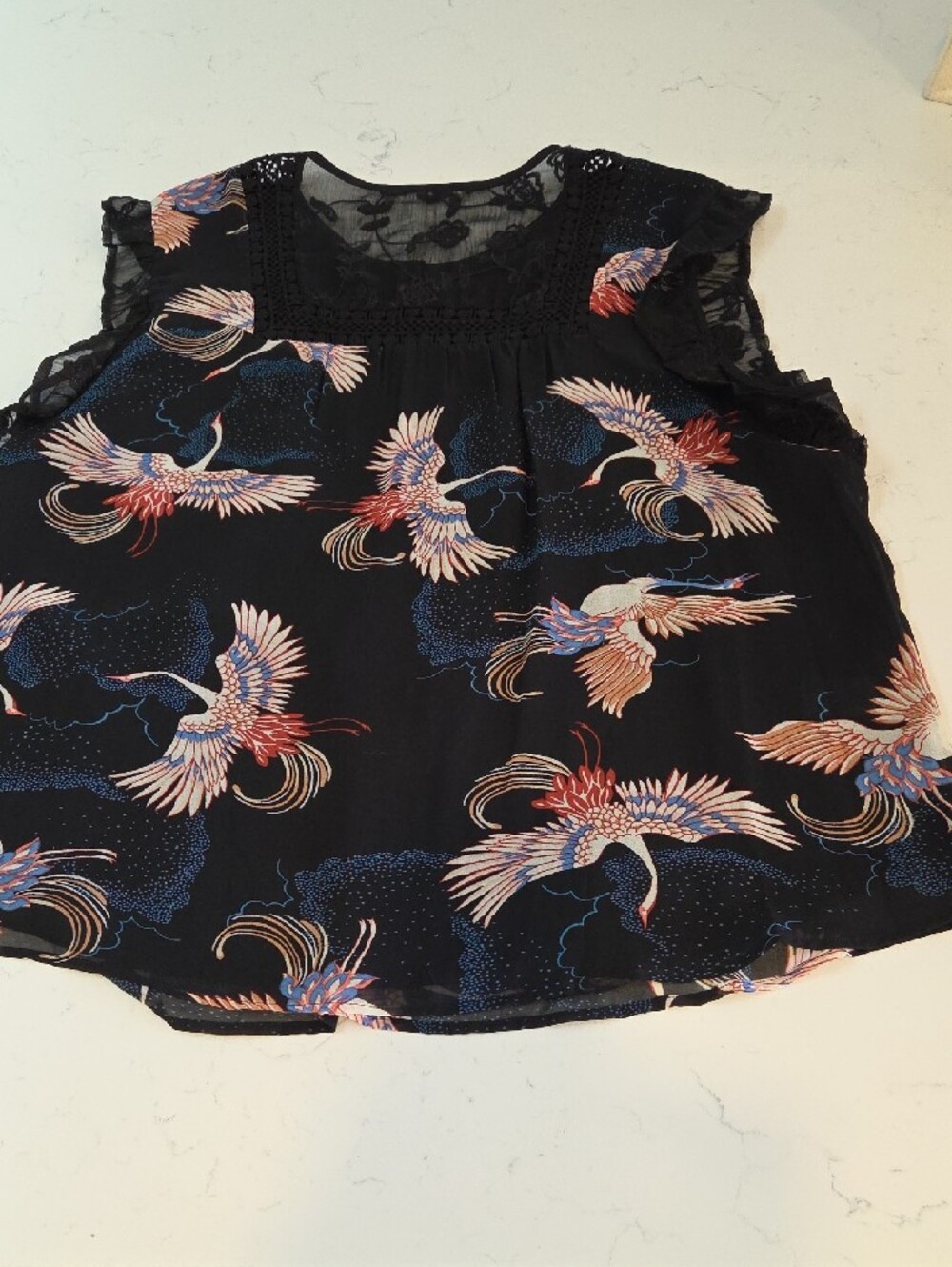 Daniel Rainn Black Bird-Print Flutter Sleeve Blouse - Picture 9 of 9